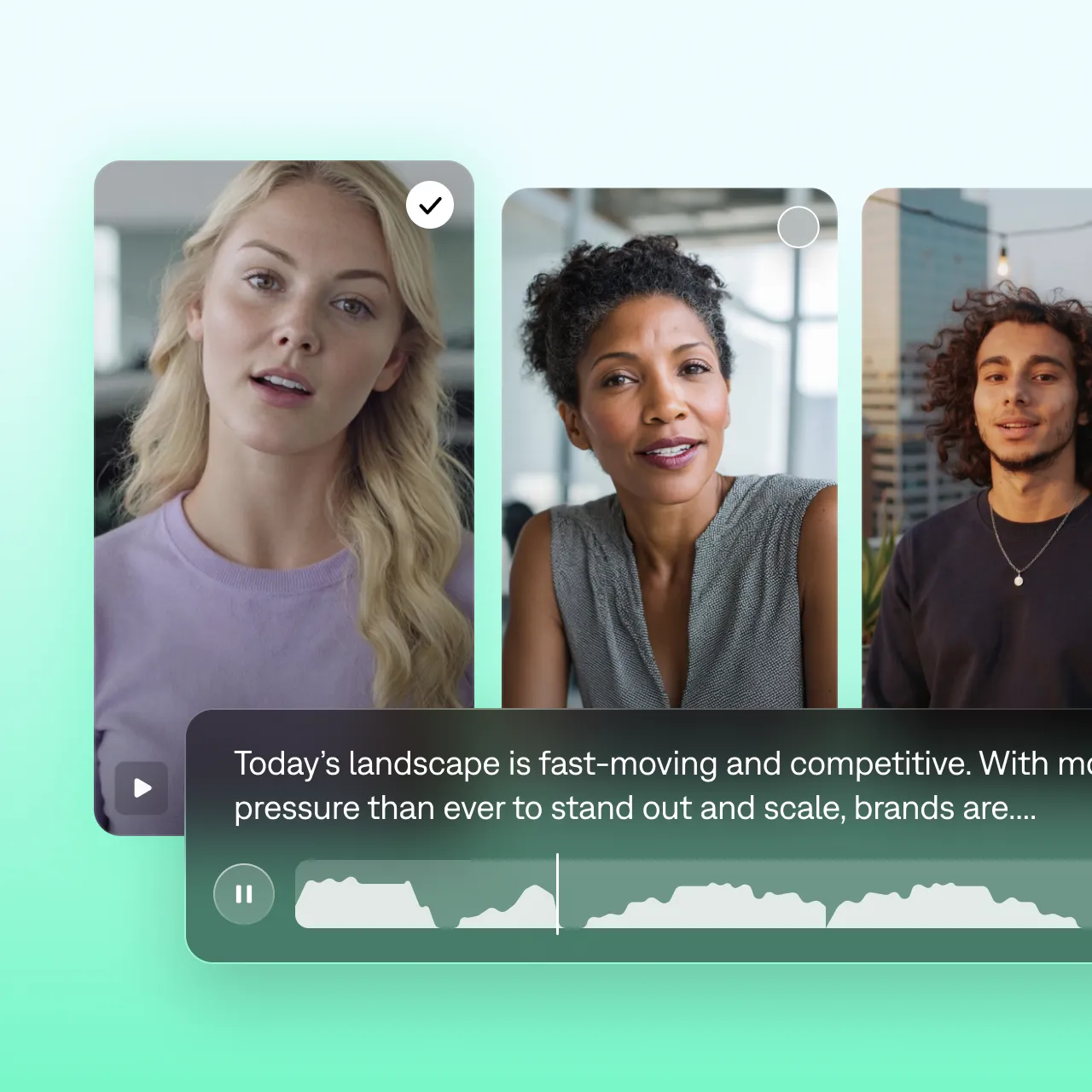 The Mirage Studio interface with a script below stills of three AI actors speaking to the camera.