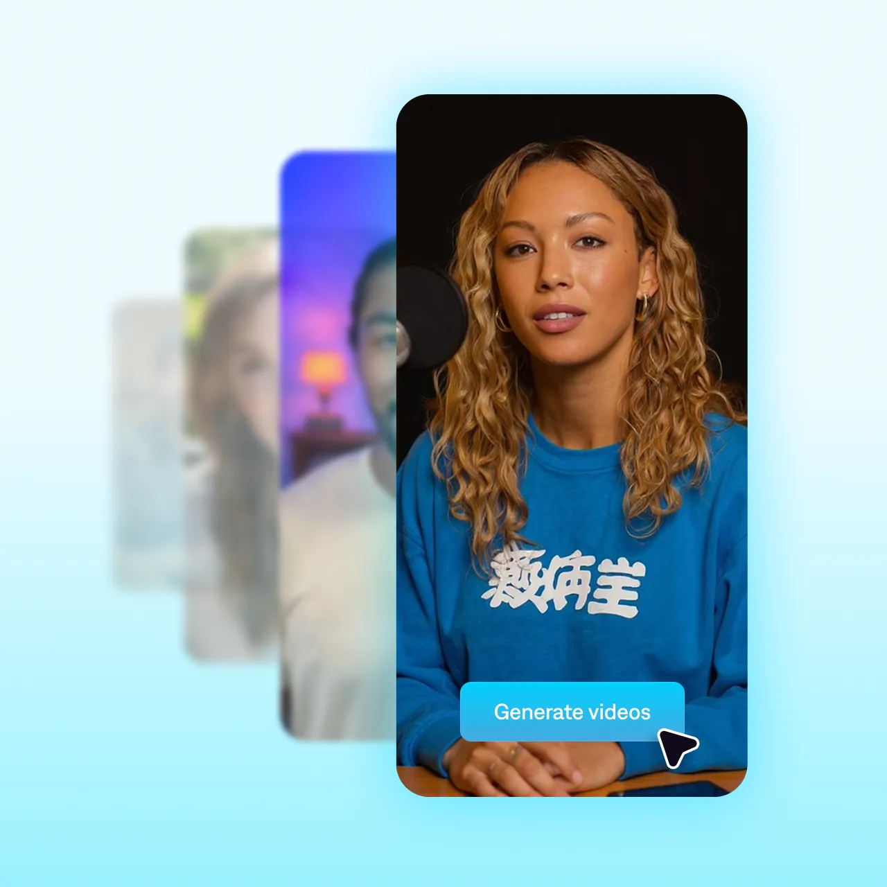 A deck of stills from talking head videos with a blue “generate videos” button below.