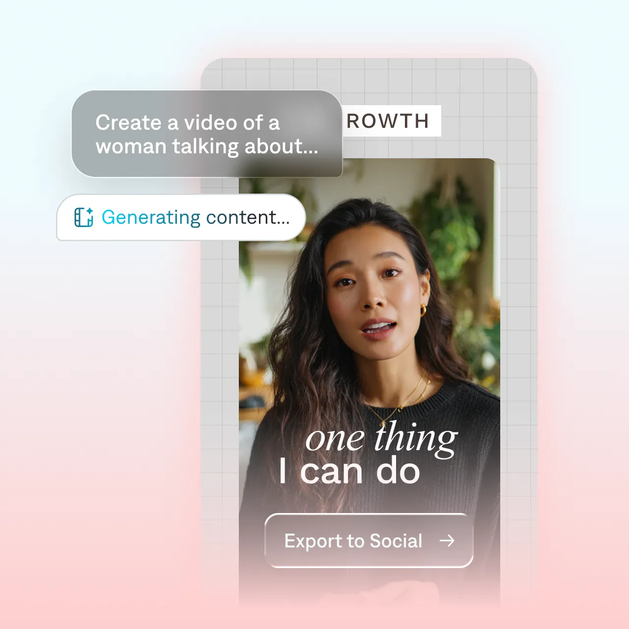Captions app demo showing a talking head video being created, with on-screen overlays that read “Generating content” and “Export to Social.”