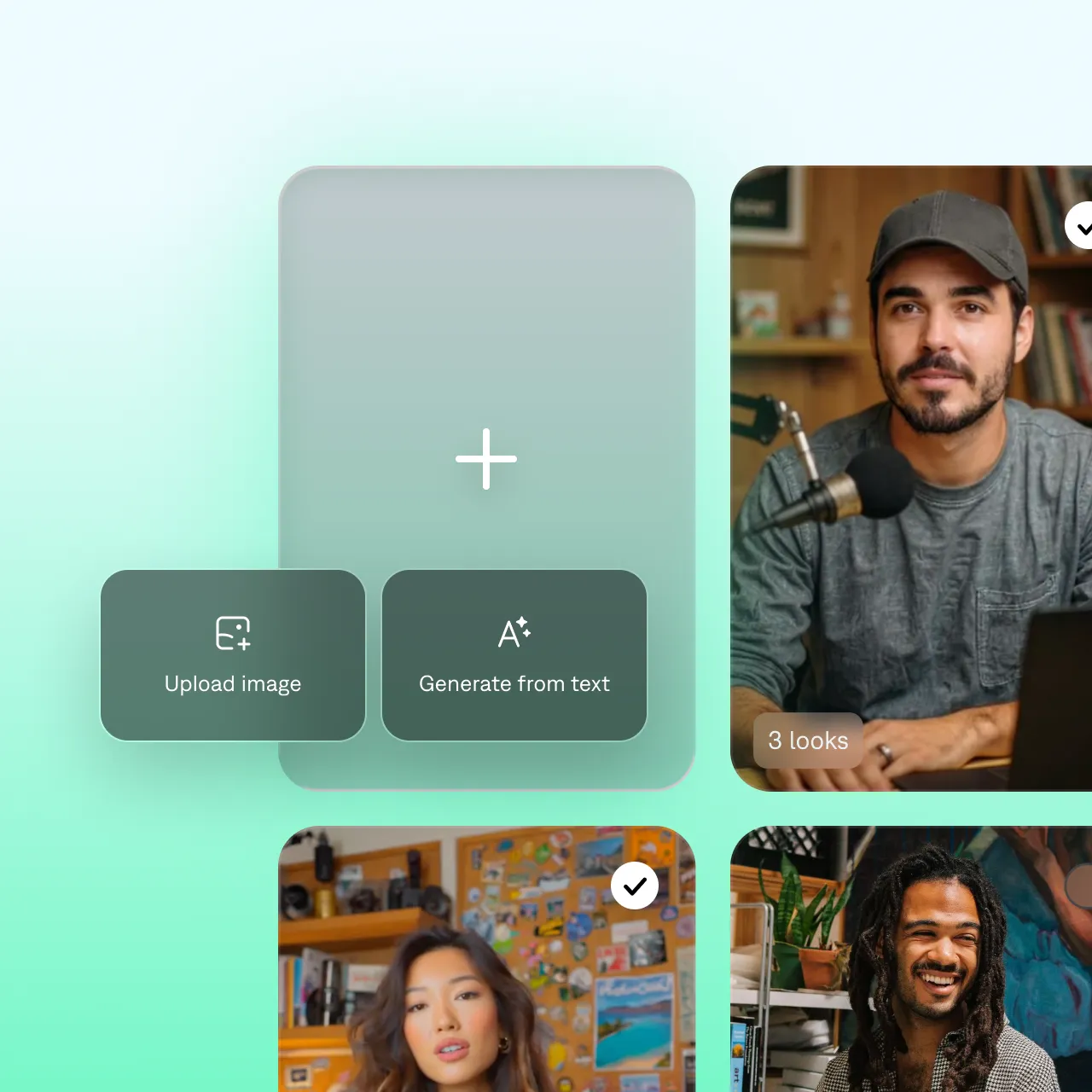 Mirage studios generating an actor: among a grid of headshots, a blank frame has buttons to upload or generate a new image.