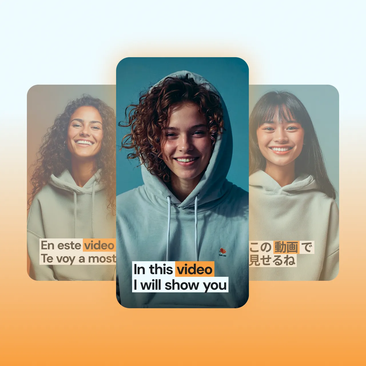 Three AI actors in hoodies, each speaking in different languages. On-screen text includes ‘In this video I will show you’ in English, with similar captions in Spanish and Japanese.