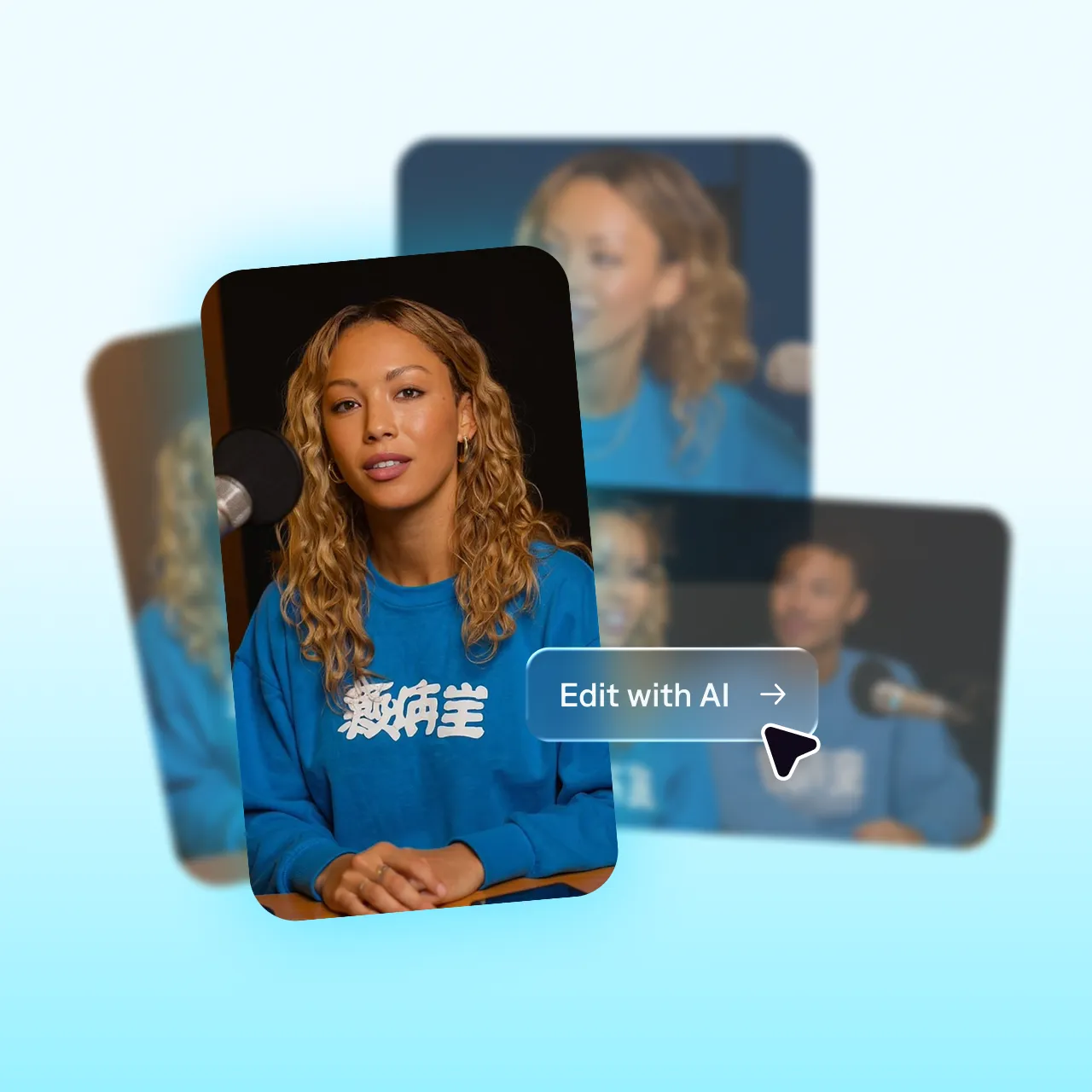 A deck of different photos of the same AI actor behind a button reading “Edit with AI”