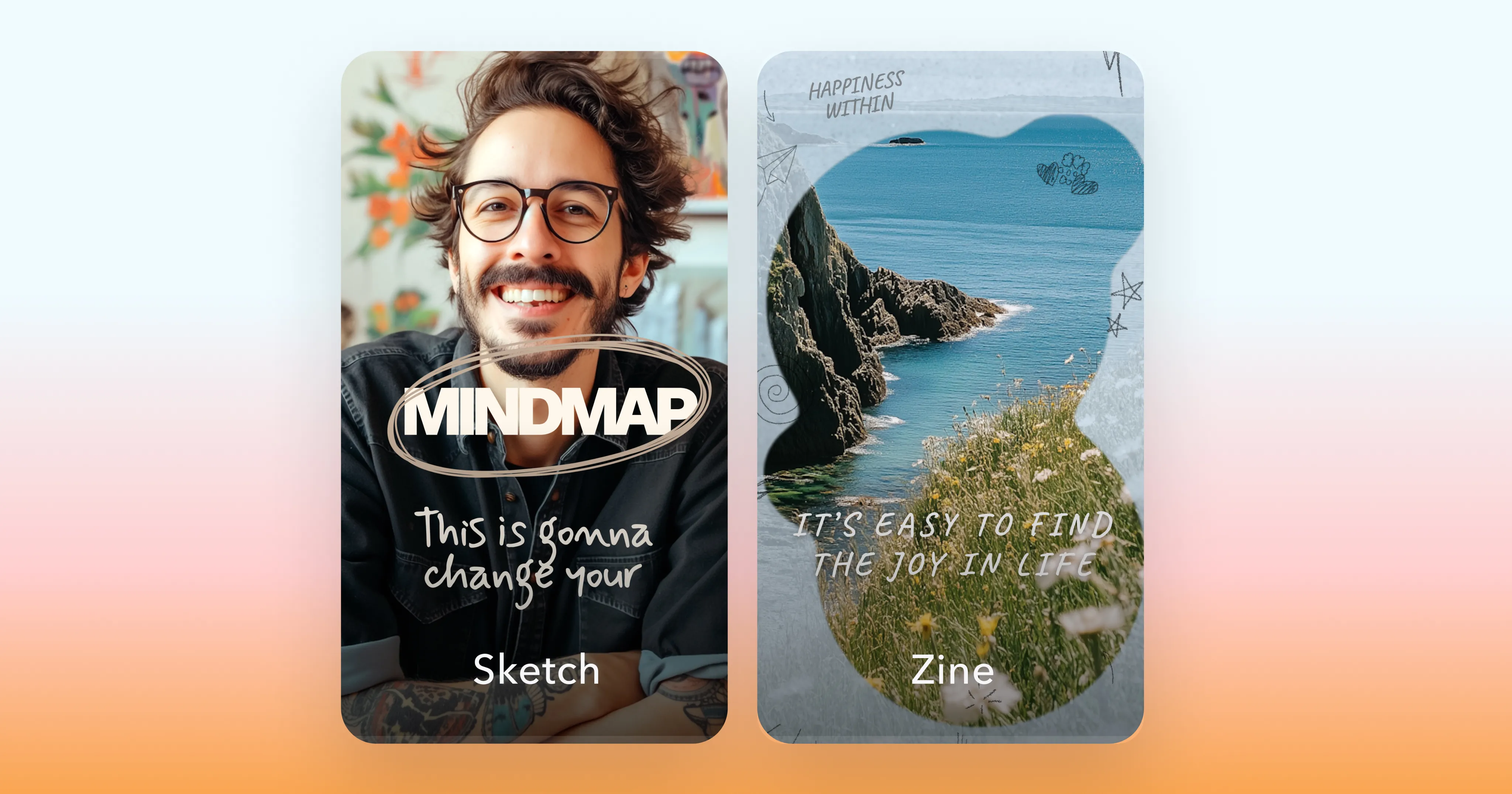 Image showing Sketch thumbnail with smiling creator portrait, hand drawn “MINDMAP” circle and handwritten caption, alongside Zine thumbnail with coastal collage cutout, doodle elements, and lifestyle quote text