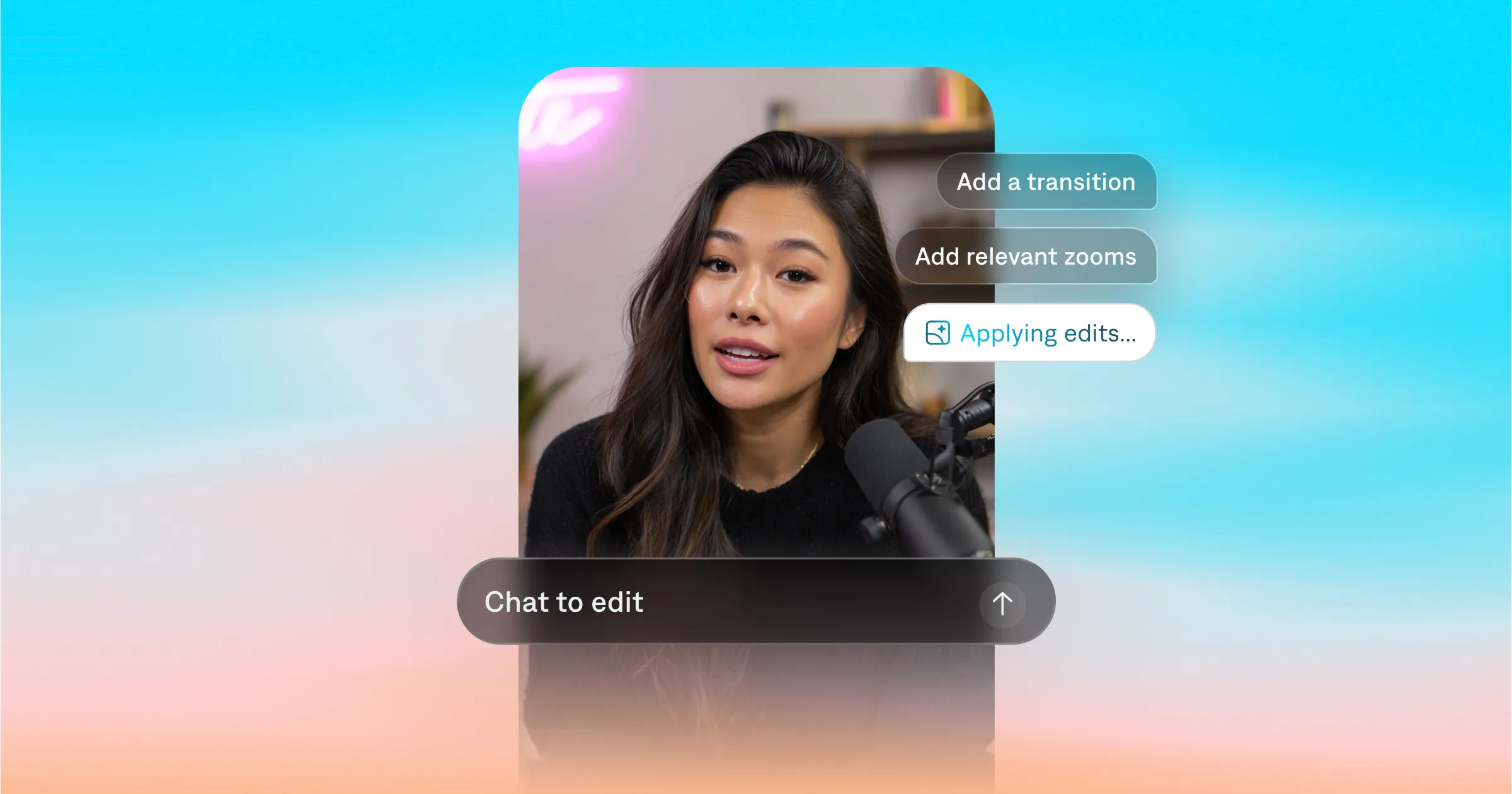 An app interface showing a woman talking with chat bubble around here with different video editing requests. seoTitle: 