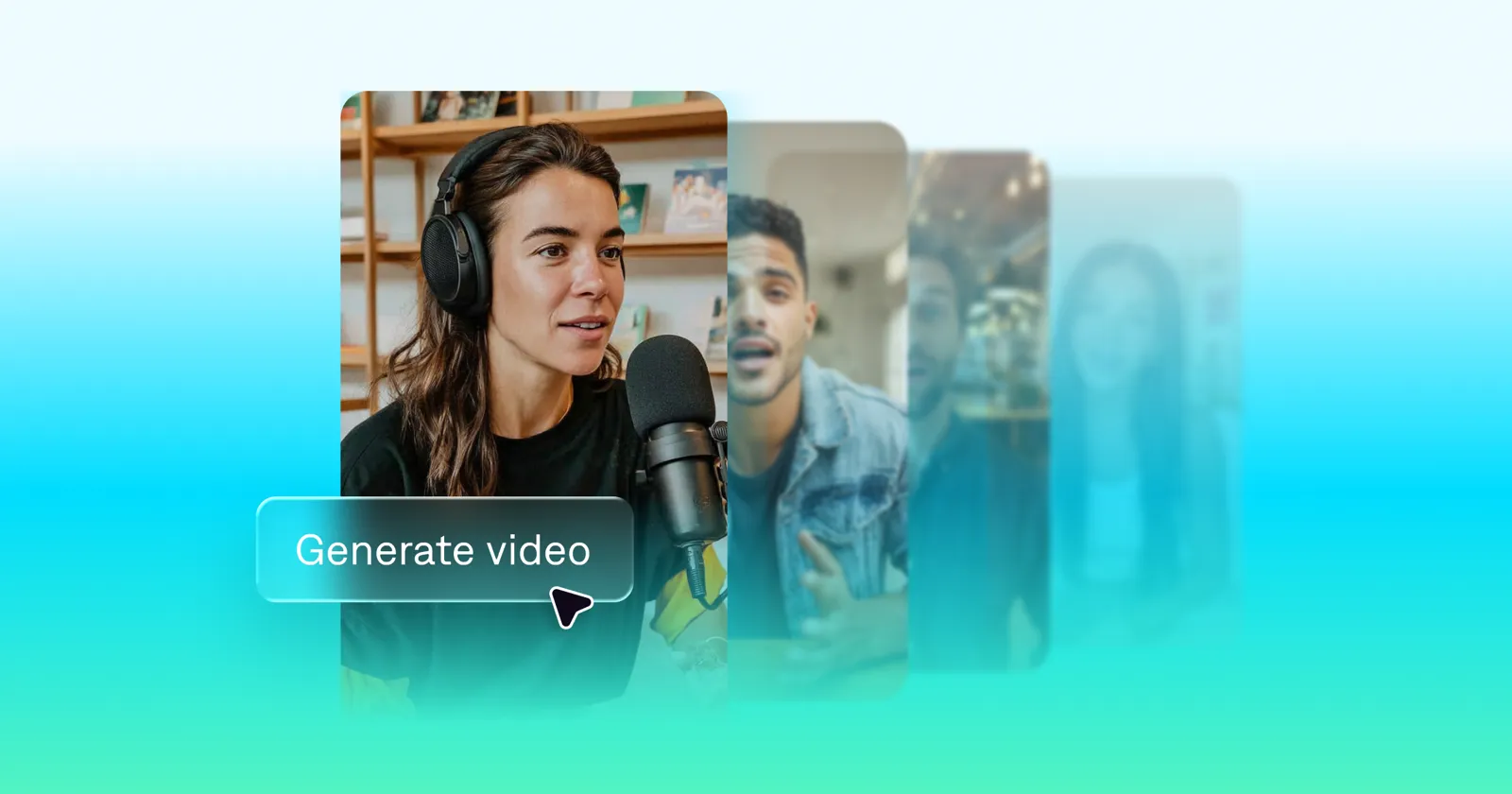 A few different people in a variety of different positions and with different expressions with a button in front of them all that reads, 'Generate Video.'