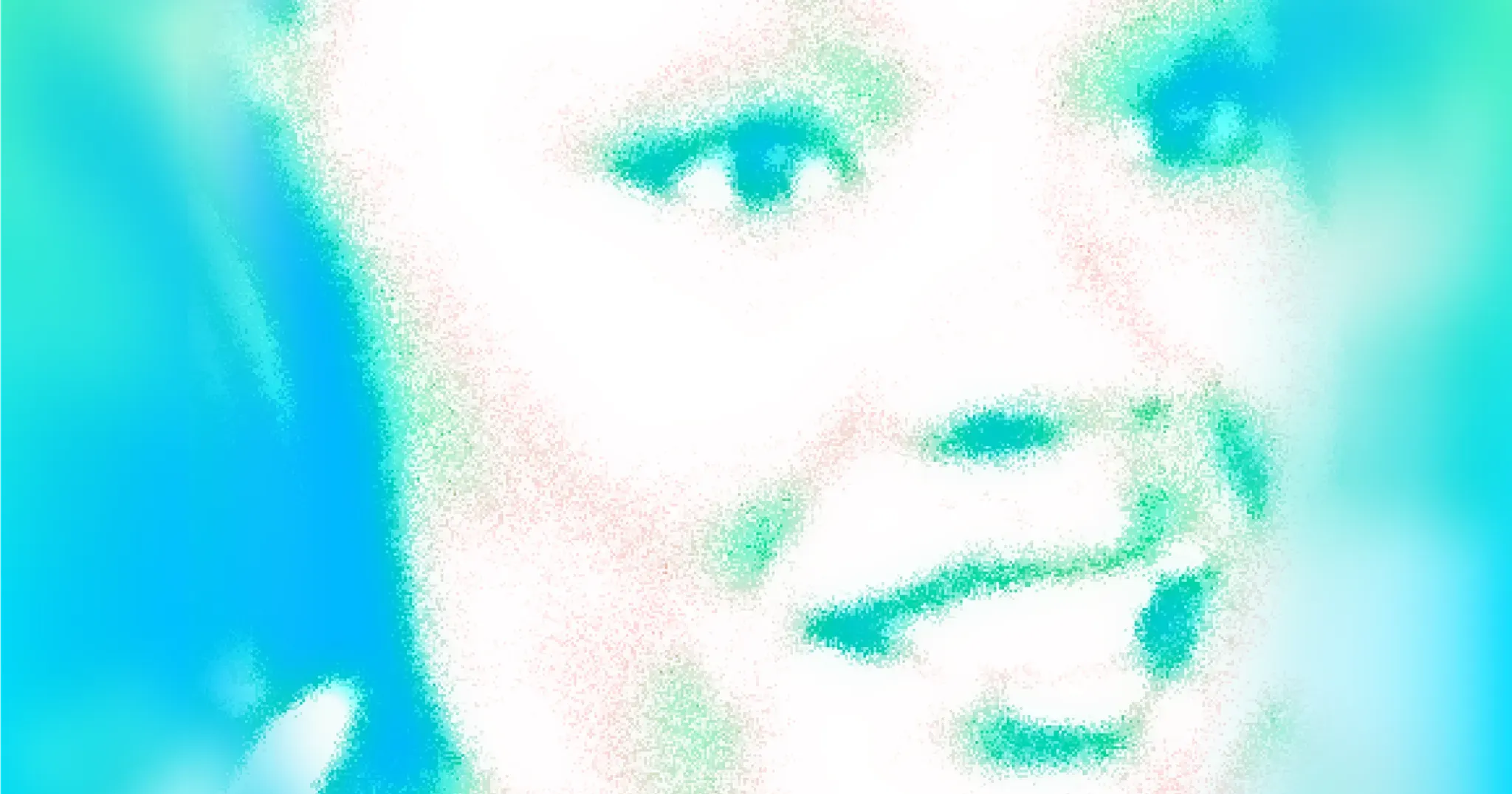 A stylized, pixelated close-up of a smiling face in teal and green, from Mirage's "Casting Voices" research.