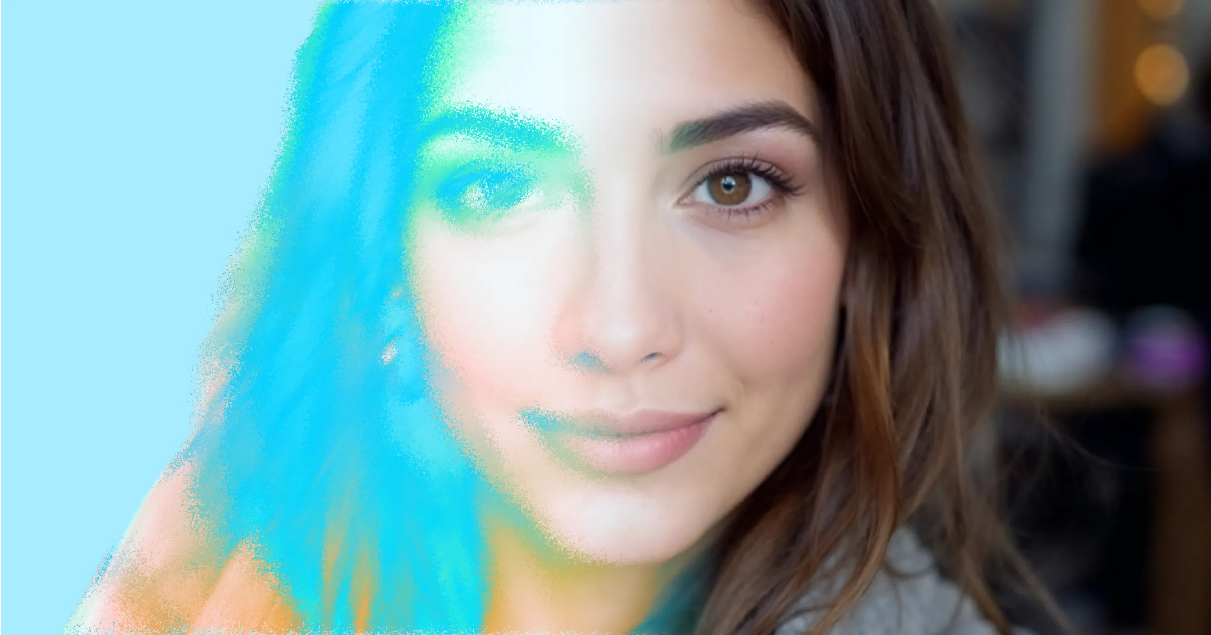A brunette woman’s face, half photographic quality and half rendered in colorful pixels.