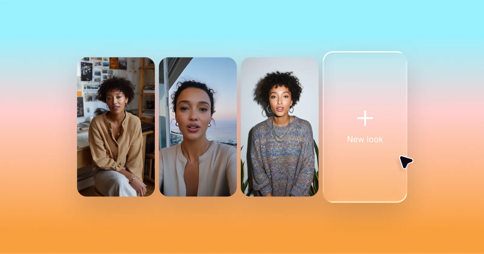 A selection of three AI-generated portraits of the same woman, each with a different style and setting, followed by a blank card labeled ‘New look’ with a plus icon.