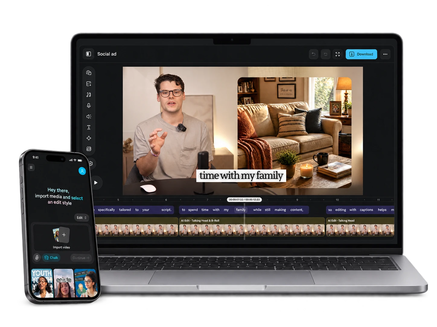 Captions on Mac and iPhone, showing the desktop video editor and mobile video import tools