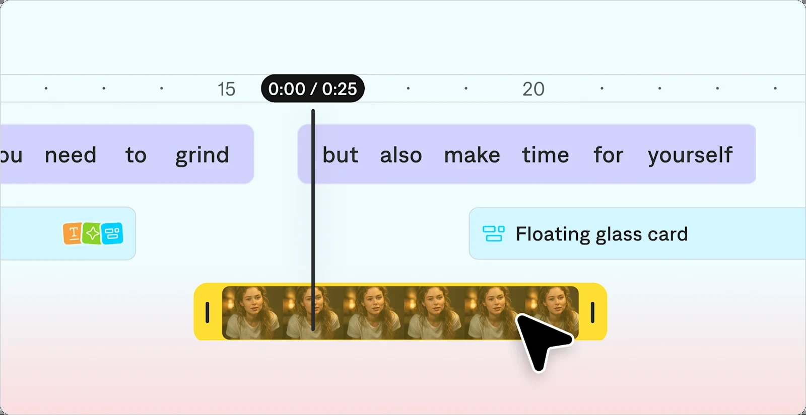 An editable Captions timeline with footage, animated text, and graphic layers