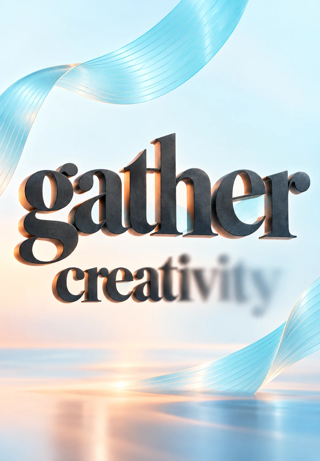 Dimensional typography reading gather creativity with flowing blue ribbons