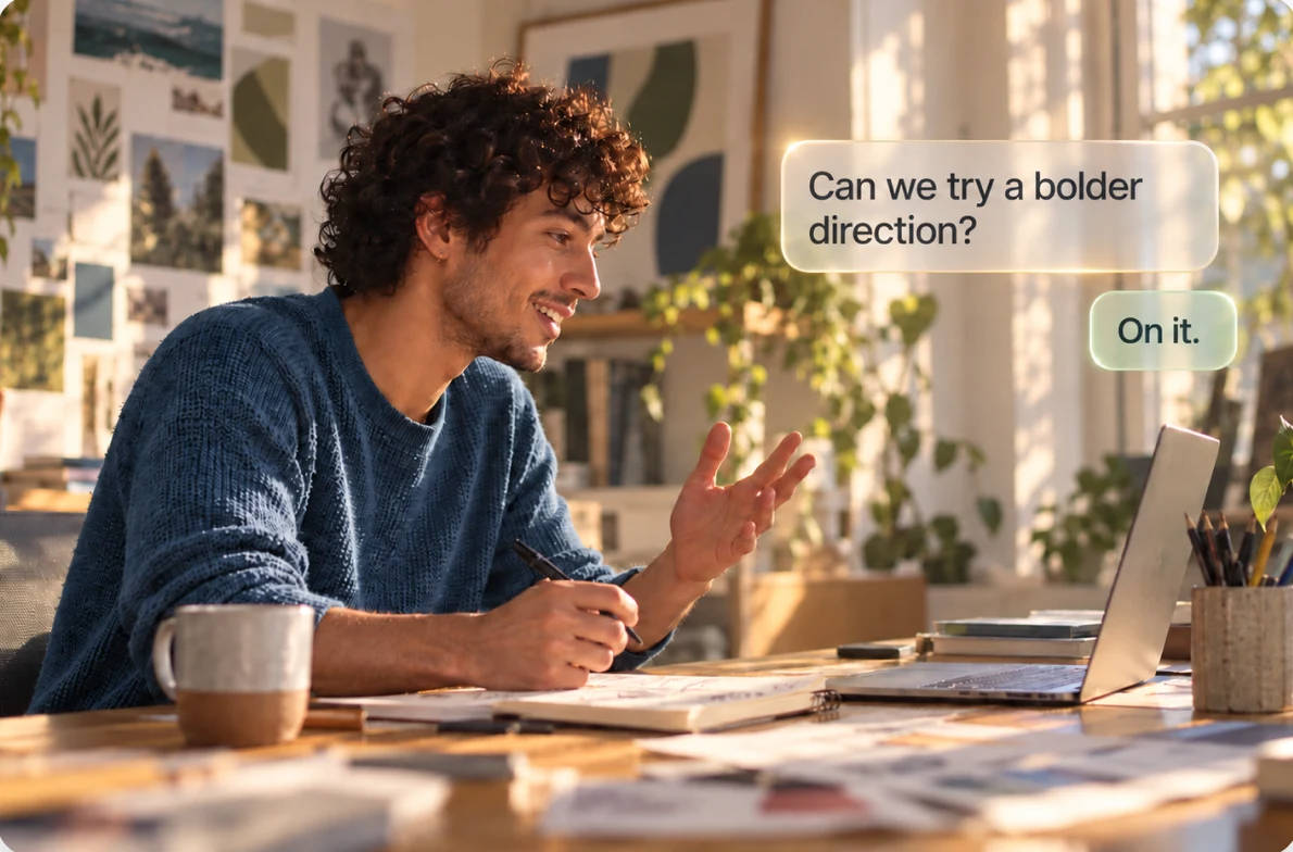 A creator at a laptop asking Can we try a bolder direction?