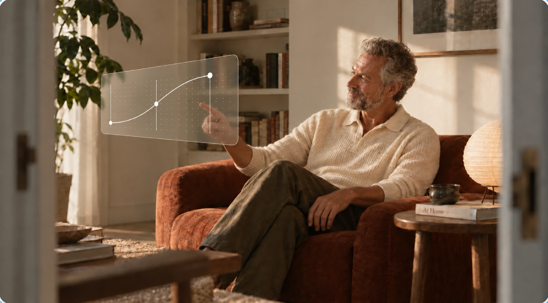 A creator directing a keyframe animation from a sunlit living room