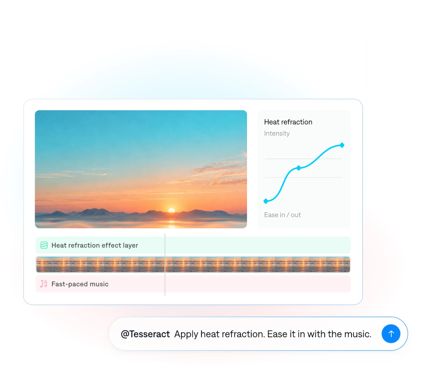 A sunset edit with a heat-refraction adjustment layer, animated intensity curve, footage timeline, and music. The agent is asked to ease the effect in with the music.