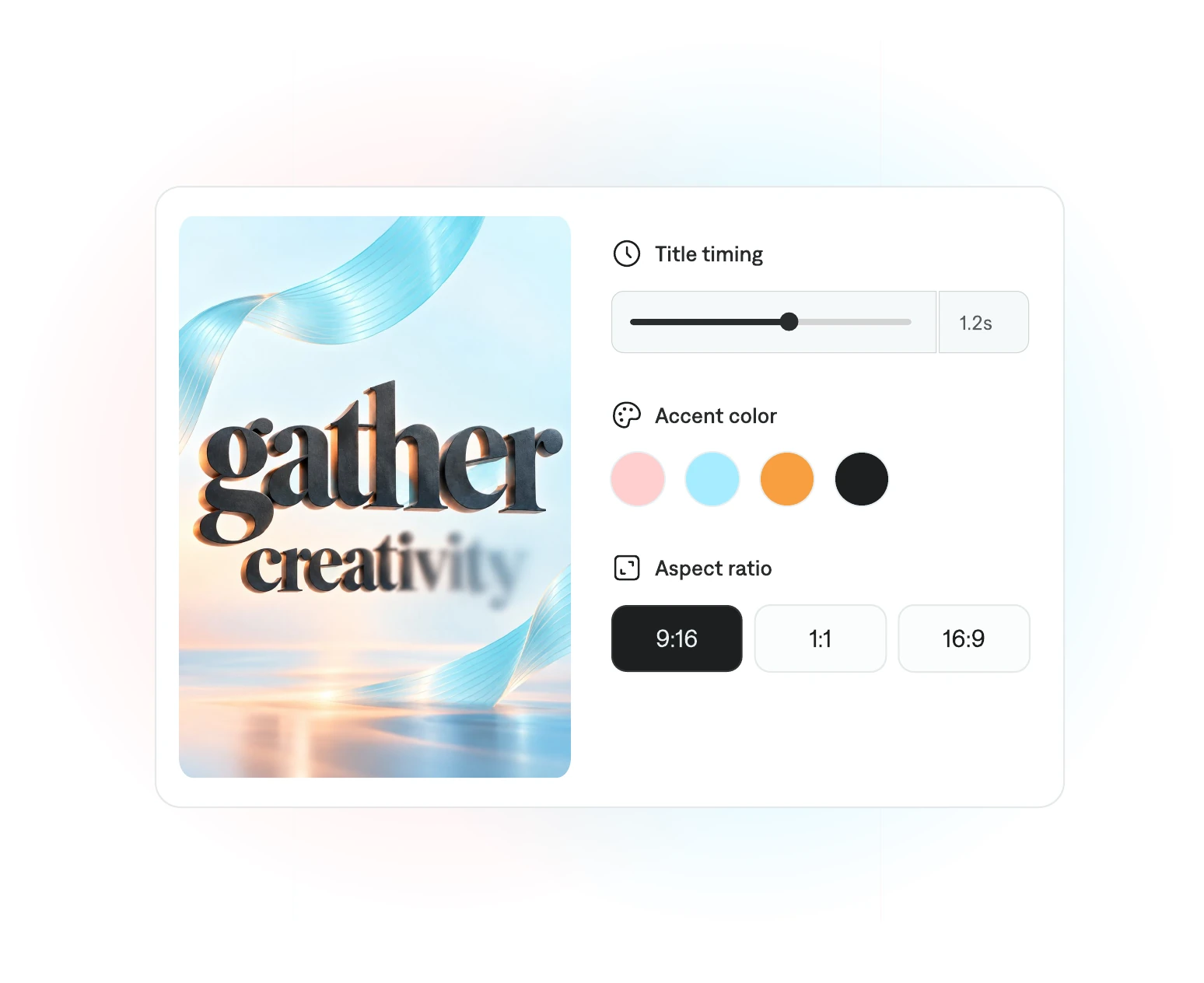 A custom editor for a Gather Creativity motion graphic, with title timing, accent-color swatches, and aspect-ratio controls.