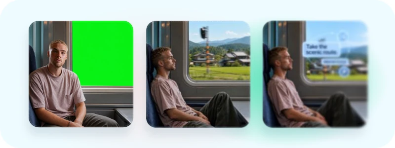 A green-screen shot, composited train-window scene, and finished video with graphics