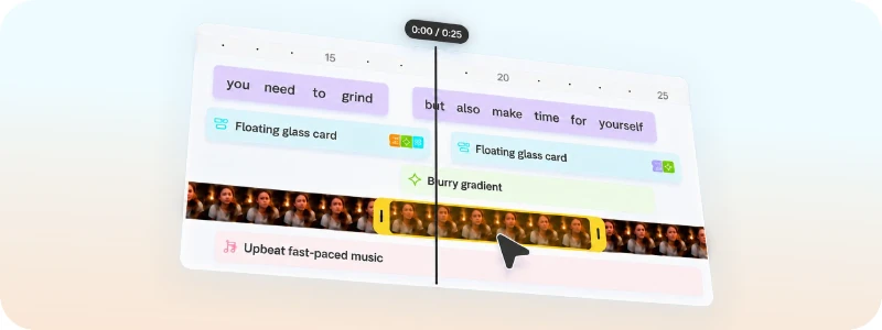 An editable timeline with separate typography, effects, footage, and music layers