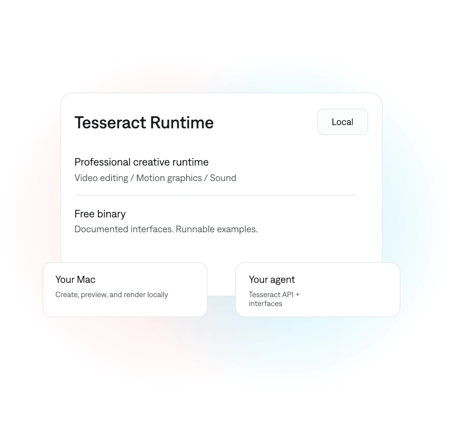 Tesseract Runtime: a free local creative engine for video editing, motion graphics, and sound. Your computer previews and renders; your agent connects through documented interfaces.