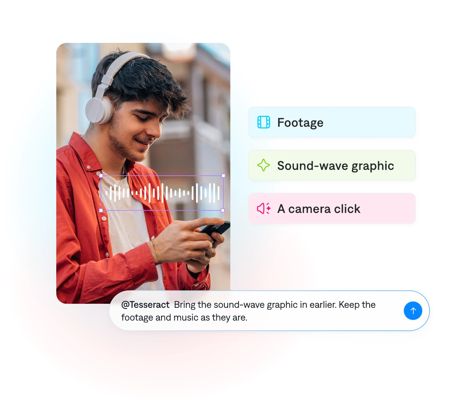 A creator’s video with separately editable footage, a sound-wave graphic, and a camera-click sound. The agent adjusts the graphic while preserving the footage and music.