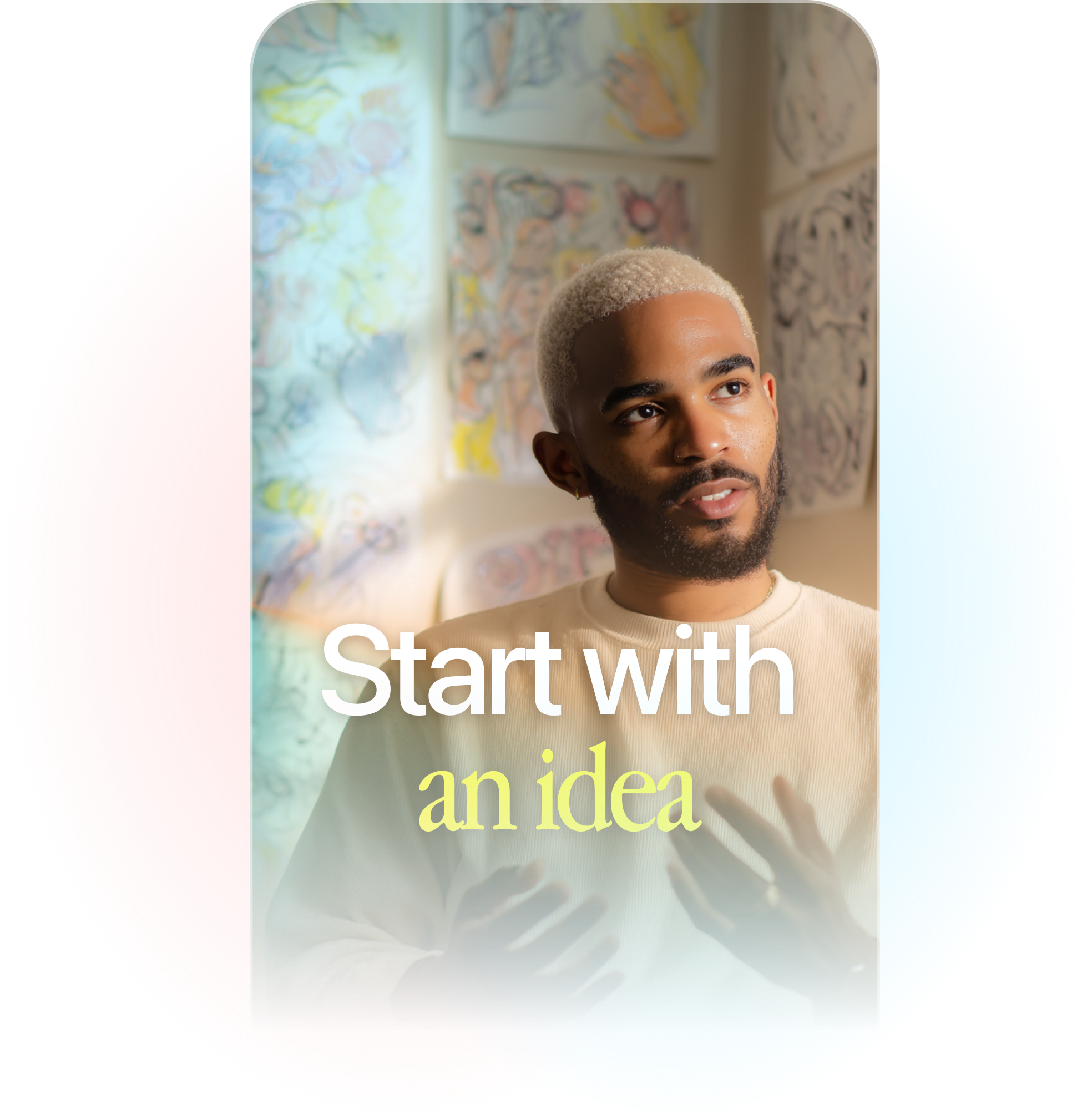A Captions portrait video with a pink and blue glow and the words Start with an idea.
