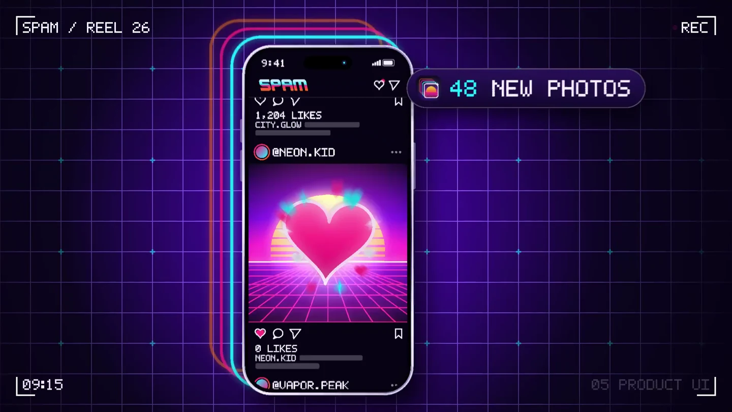 Spam’s neon identity applied to an animated app interface