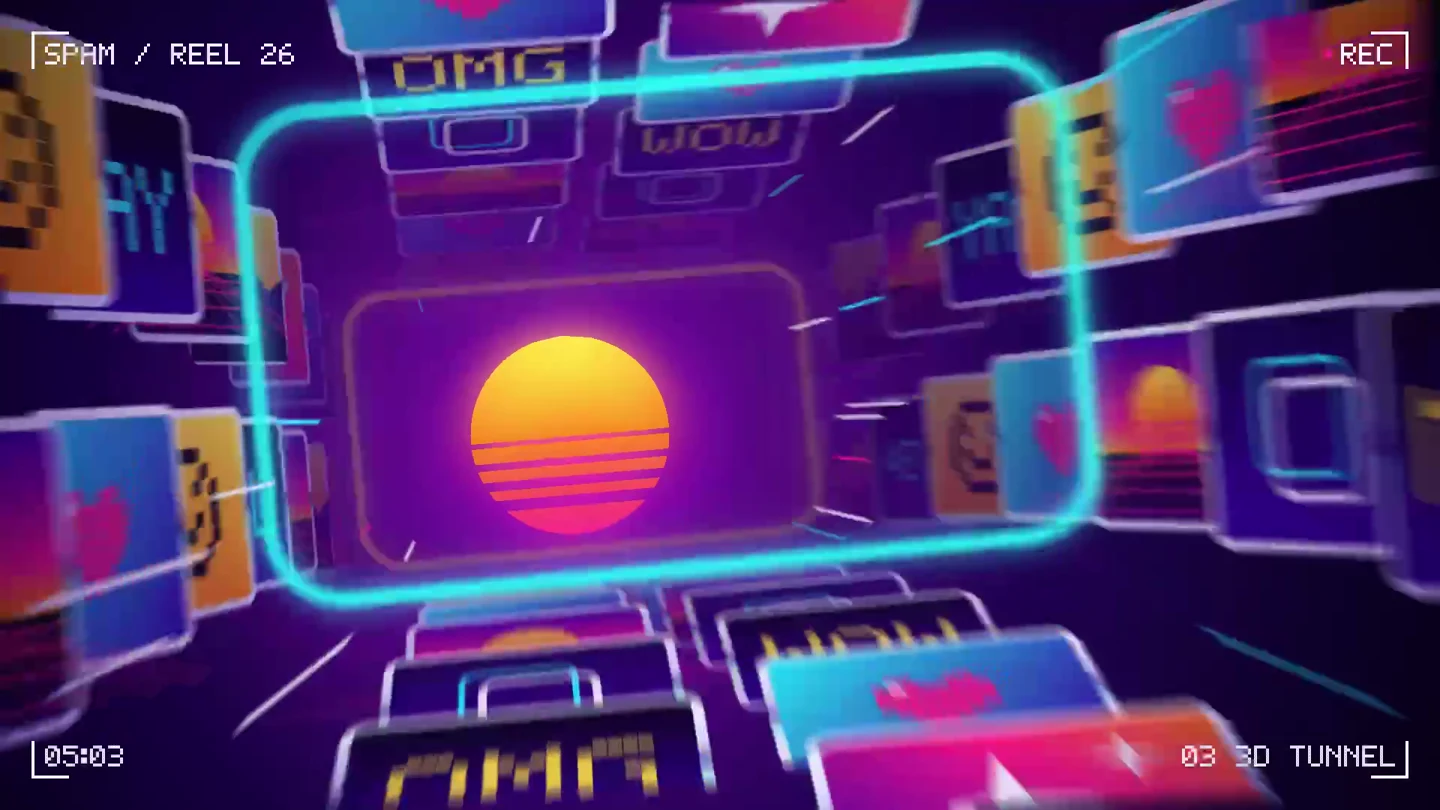 Spam showreel scene moving through layered neon photo frames toward a sunset