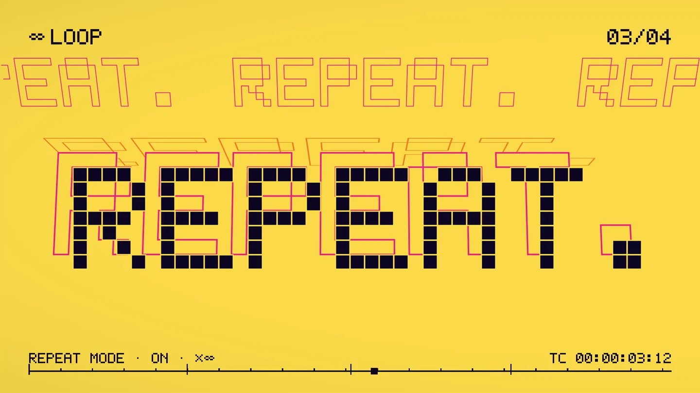 A frame of Spam’s showreel with large pixel lettering and a bright arcade color palette