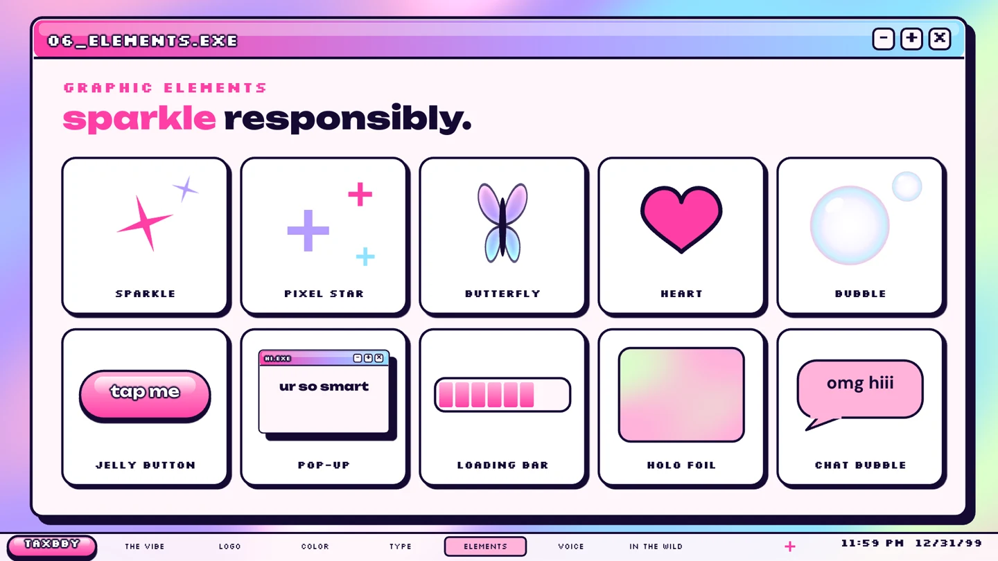 Taxbby graphic elements including butterflies, sparkles, popup windows, hearts, and loading bars