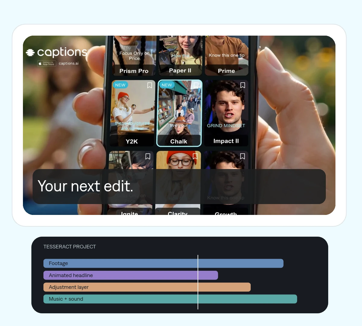 Illustration of app screenshots presented with animated typography and a layered timeline.