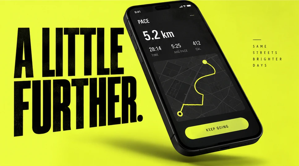 Running-app storyboard: a phone on a bright yellow background with A LITTLE FURTHER typography.
