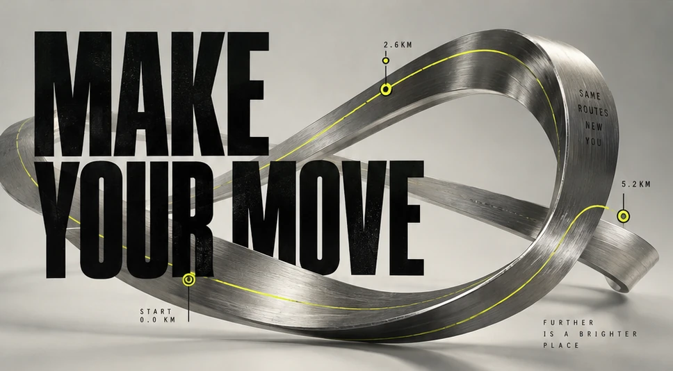 Running-app storyboard: a chrome route sculpture and the headline MAKE YOUR MOVE.