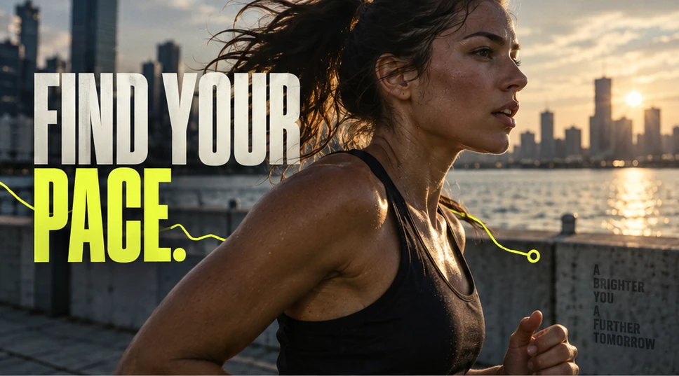 Running-app storyboard: a runner beside the water with FIND YOUR PACE typography.