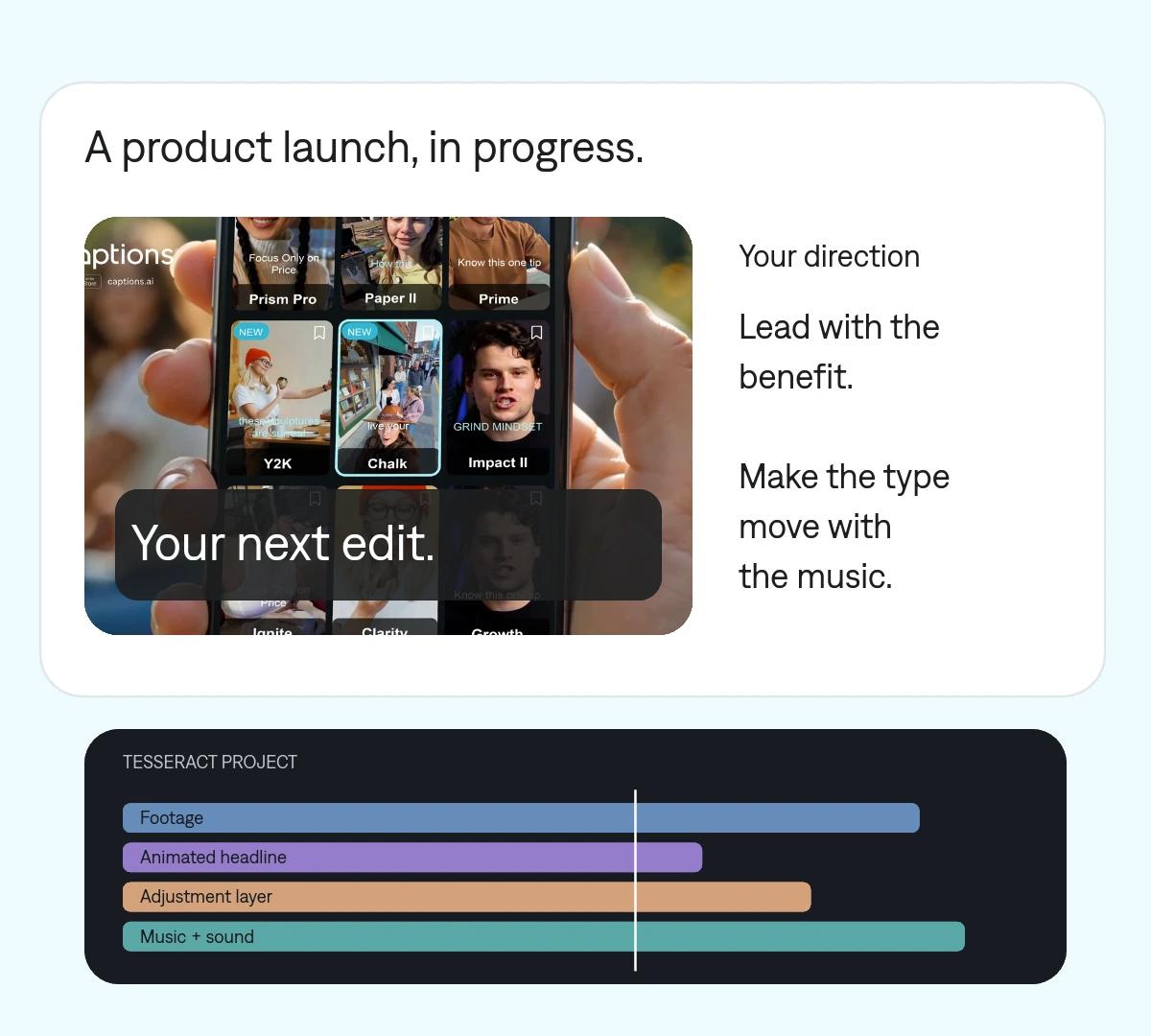 Illustration of a product video workspace with an app preview, creative direction, and layered timeline.